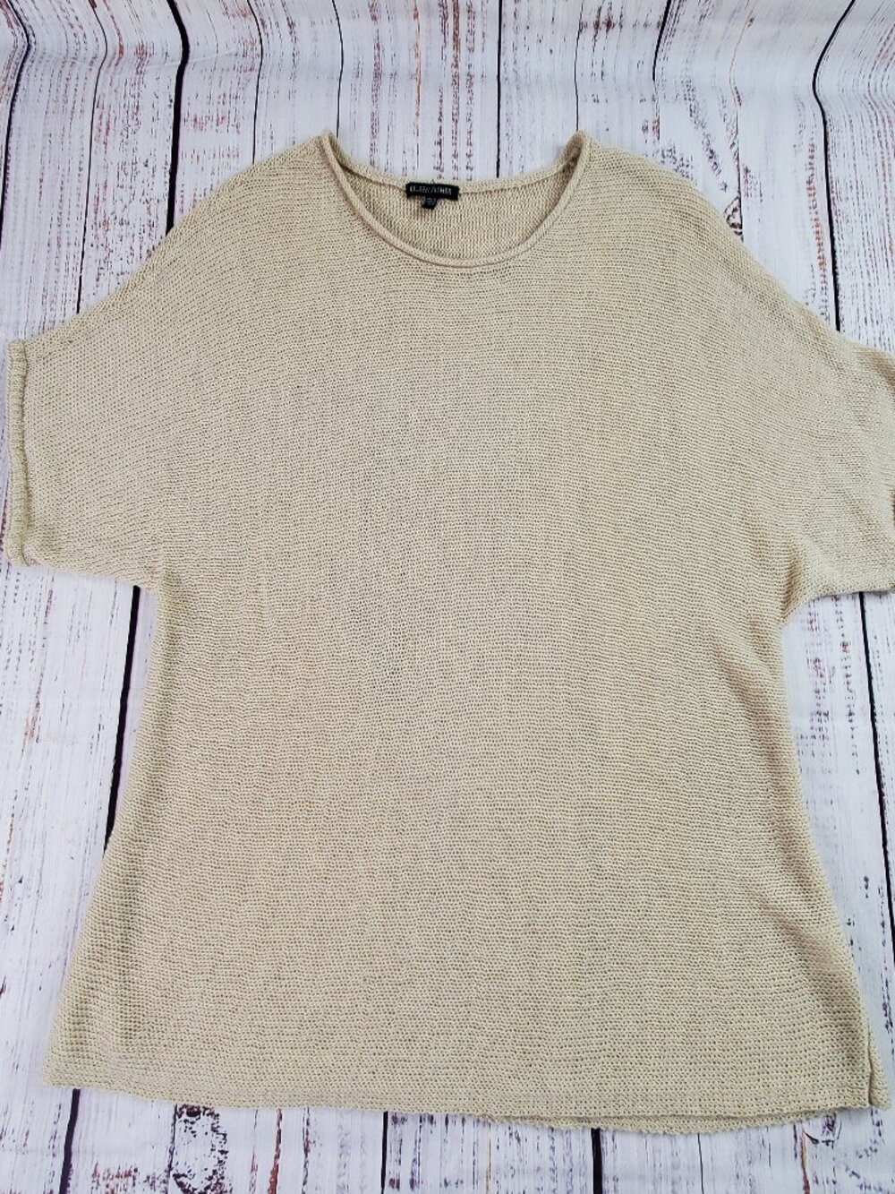Eileen Fisher Open Knit Sweater Women L Tan Short Sleeve Wool Pullover Lagenlook